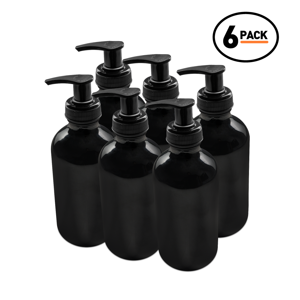 8 oz Black UV Glass Boston Round Bottle With Black Lotion Pump (6 Pack)