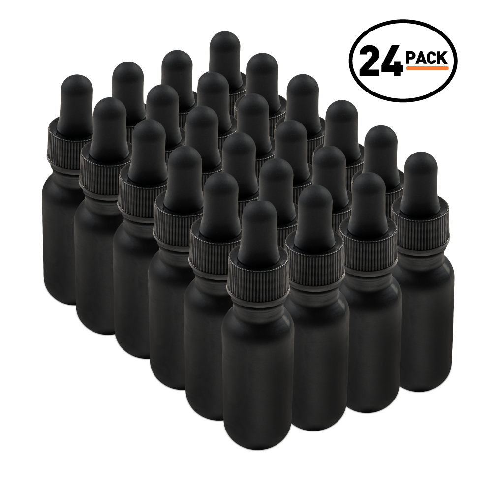 0.5 oz Black Frosted Glass Boston Round Bottle With Black Dropper (24 Pack)
