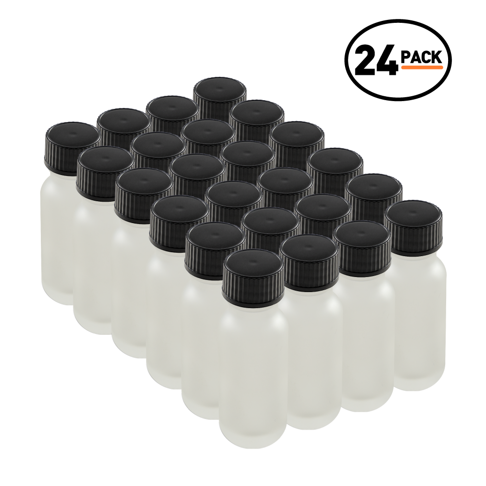 0.5 oz Clear Frosted Glass Boston Round Bottles With Black Lids (24 Pack)