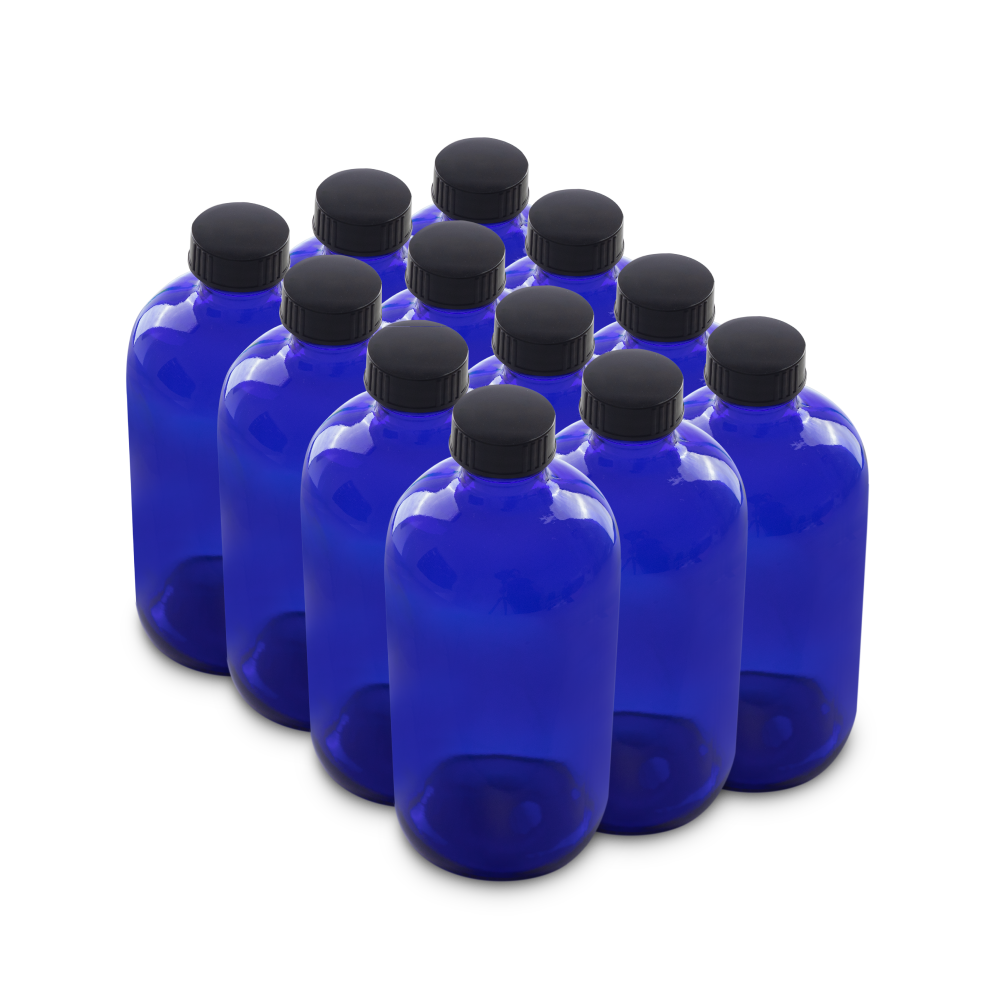 16 oz Blue Glass Boston Round Bottles With Black Lids