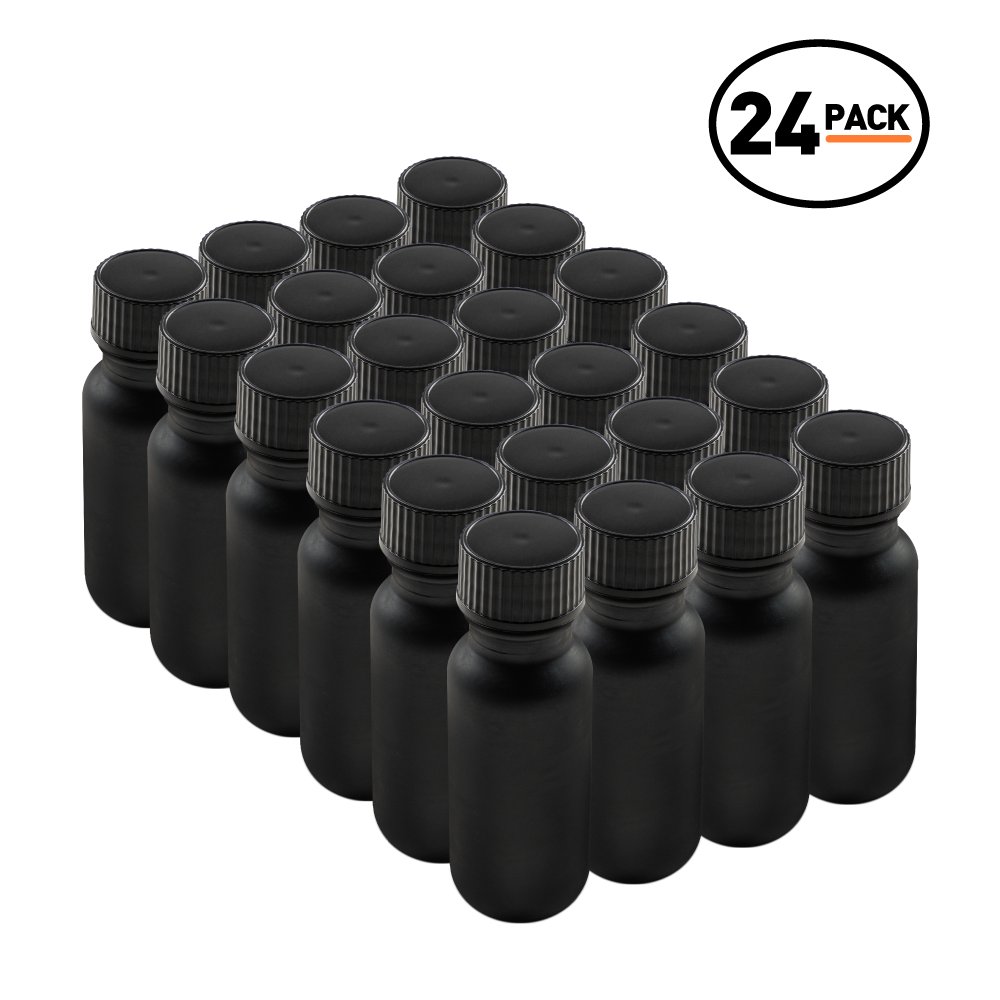 0.5 oz Black Frosted Glass Boston Round Bottles With Black Lids (24 Pack)
