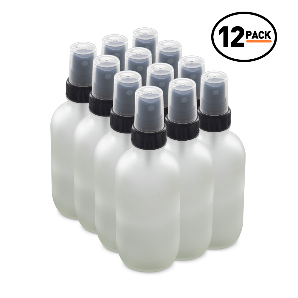 4 oz Clear Frosted Glass Boston Round Bottles With Black Fine Mist Sprayers (12 Pack)