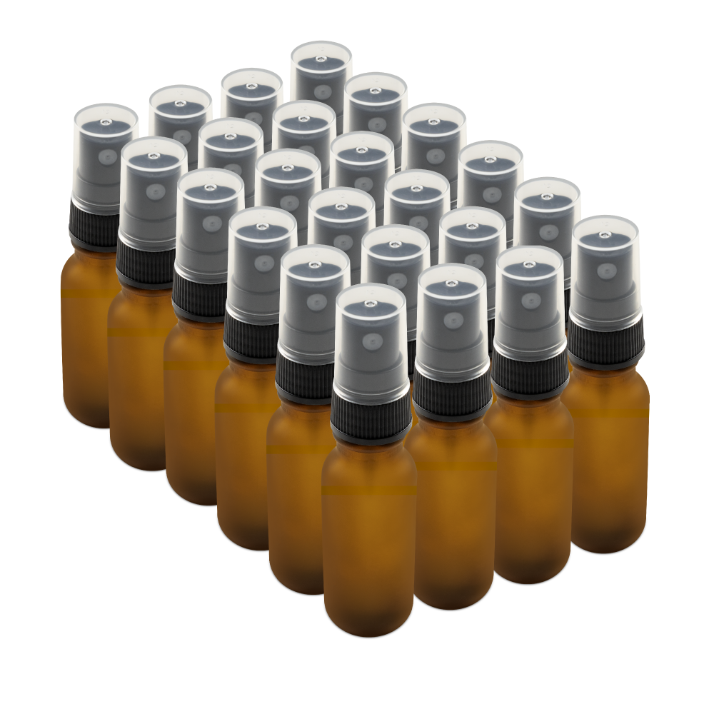 0.5 oz Amber Frosted Glass Boston Round Bottles With Black Fine Mist Sprayers