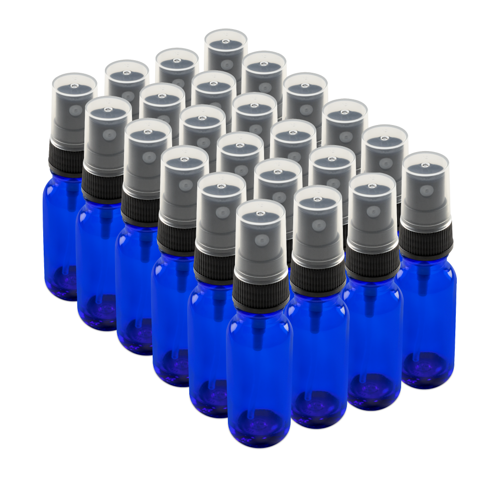 0.5 oz Blue Glass Boston Round Bottles With Black Fine Mist Sprayers