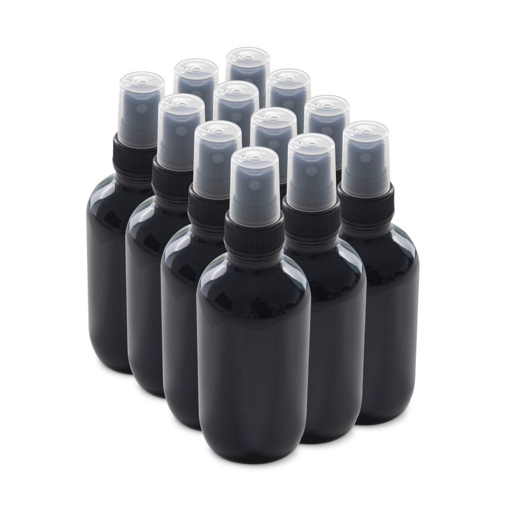 4 oz Black UV Glass Boston Round Bottles With Black Fine Mist Sprayers