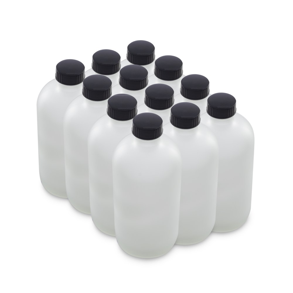 16 oz Clear Frosted Glass Boston Round Bottles With Black Lids