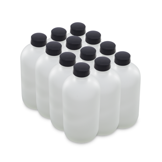 16 oz Clear Frosted Glass Boston Round Bottles With Black Lids