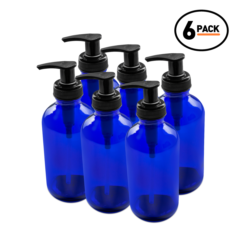 8 oz Blue Glass Boston Round Bottle With Black Lotion Pump (6 Pack)