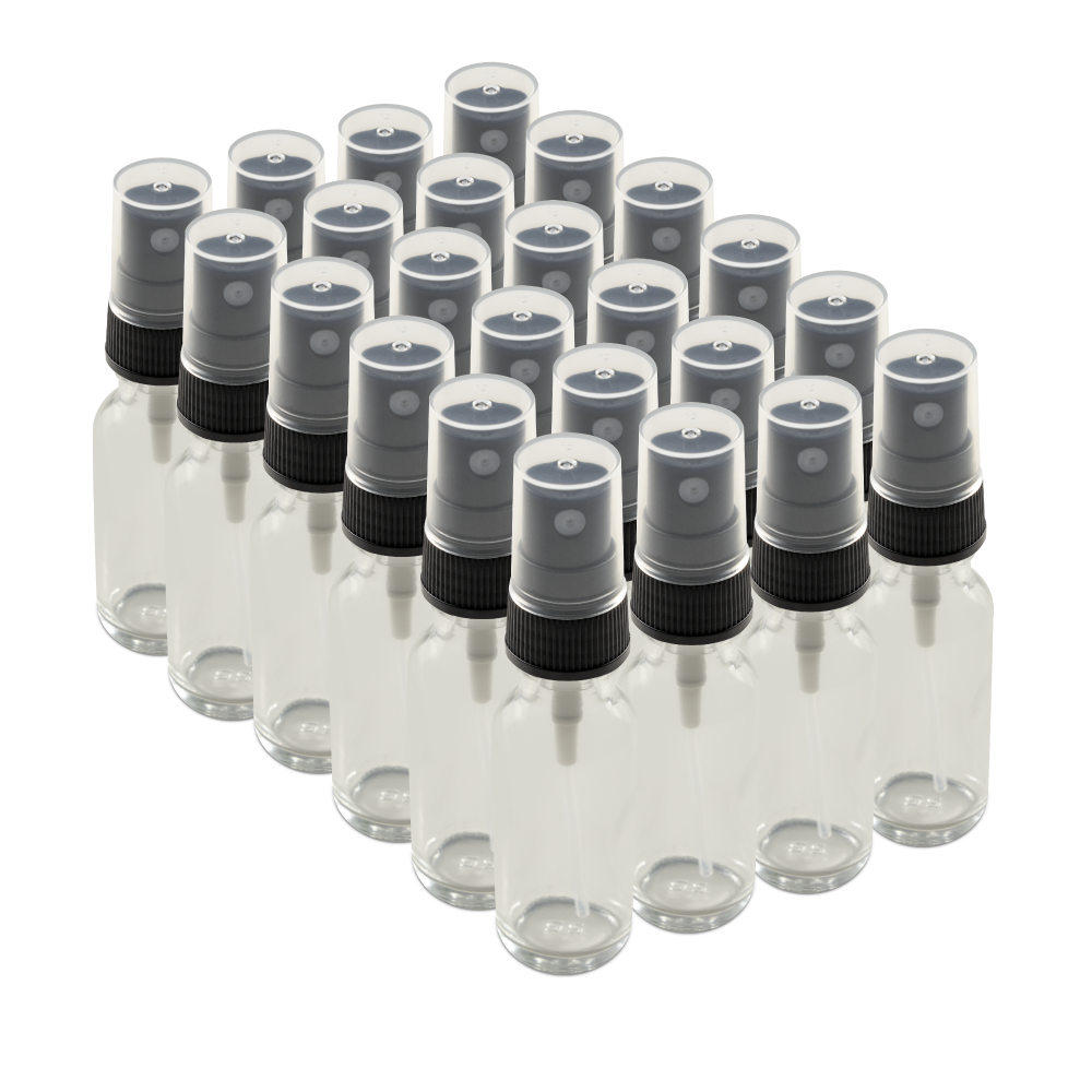 0.5 oz Clear Glass Boston Round Bottles With Black Fine Mist Sprayers