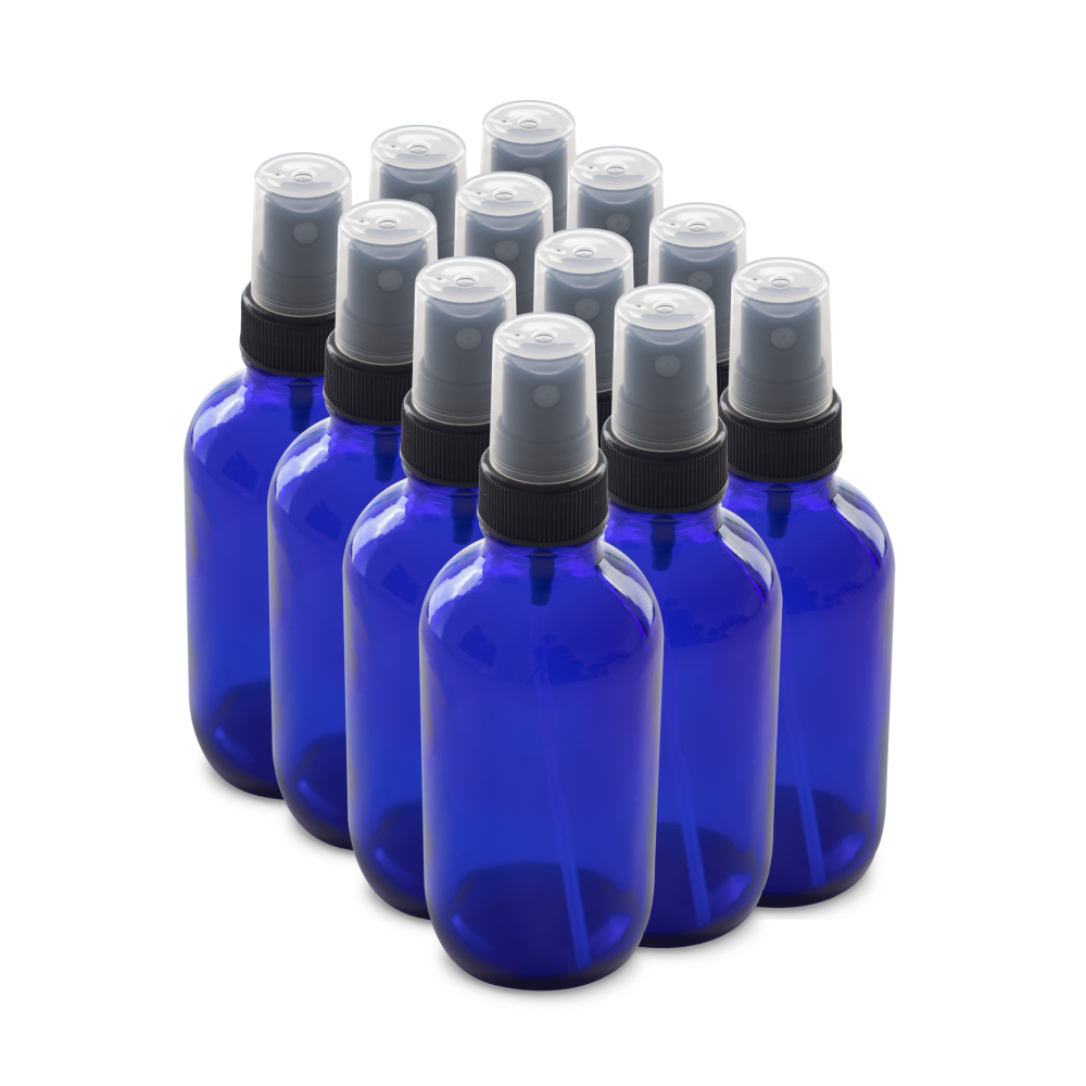 4 oz Blue Glass Boston Round Bottles With Black Fine Mist Sprayers