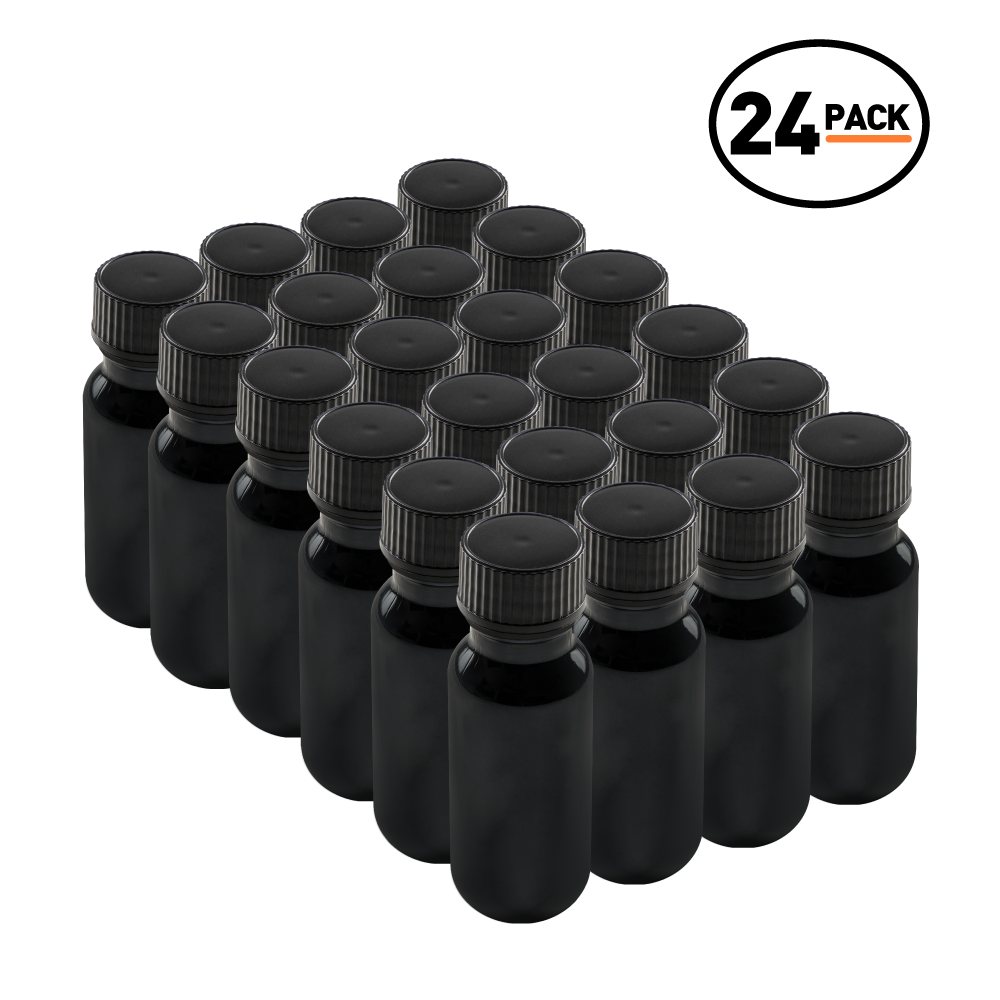 0.5 oz Black UV Glass Boston Round Bottles With Black Lids (24 Pack)