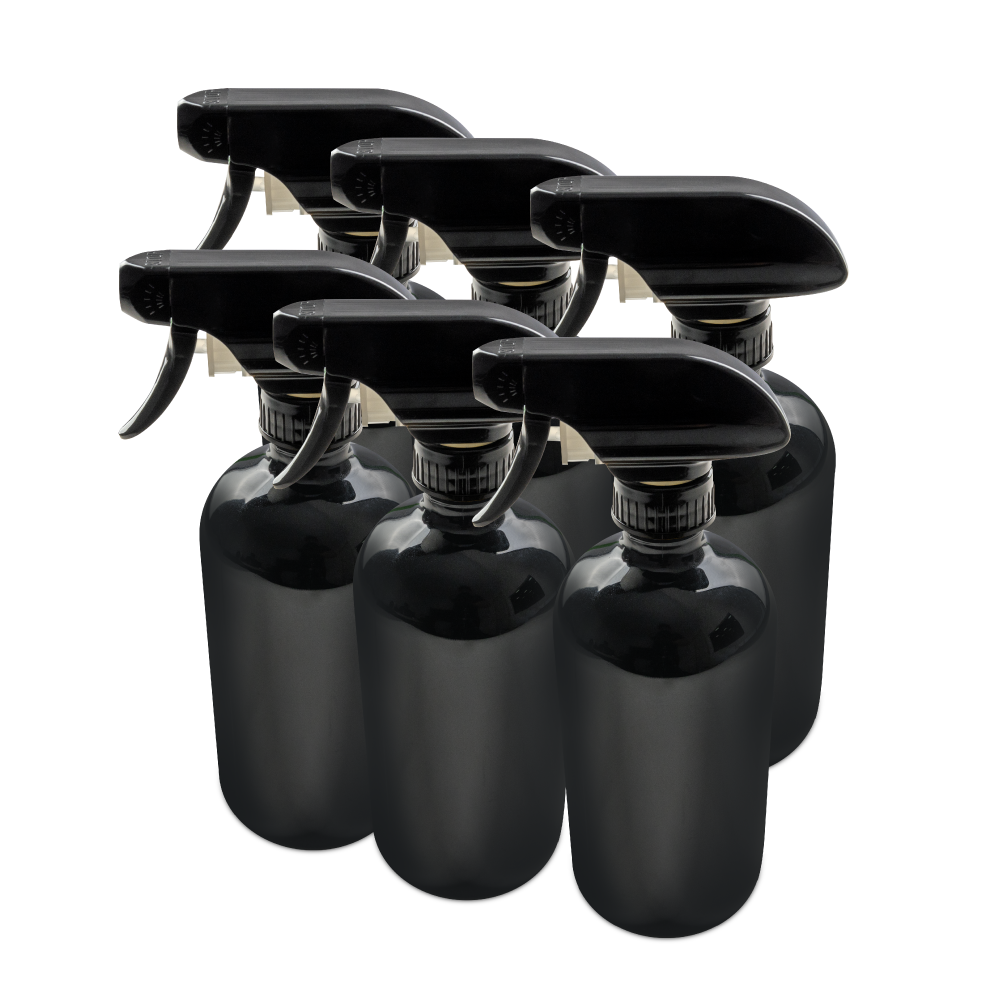 16 oz Black UV Glass Boston Round Bottle With Black Trigger Sprayer