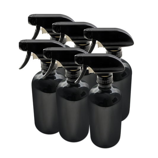 16 oz Black UV Glass Boston Round Bottle With Black Trigger Sprayer