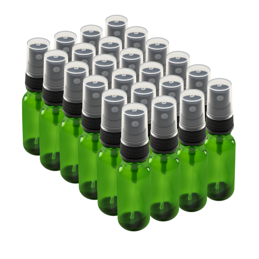 0.5 oz Green Glass Boston Round Bottles With Black Fine Mist Sprayers