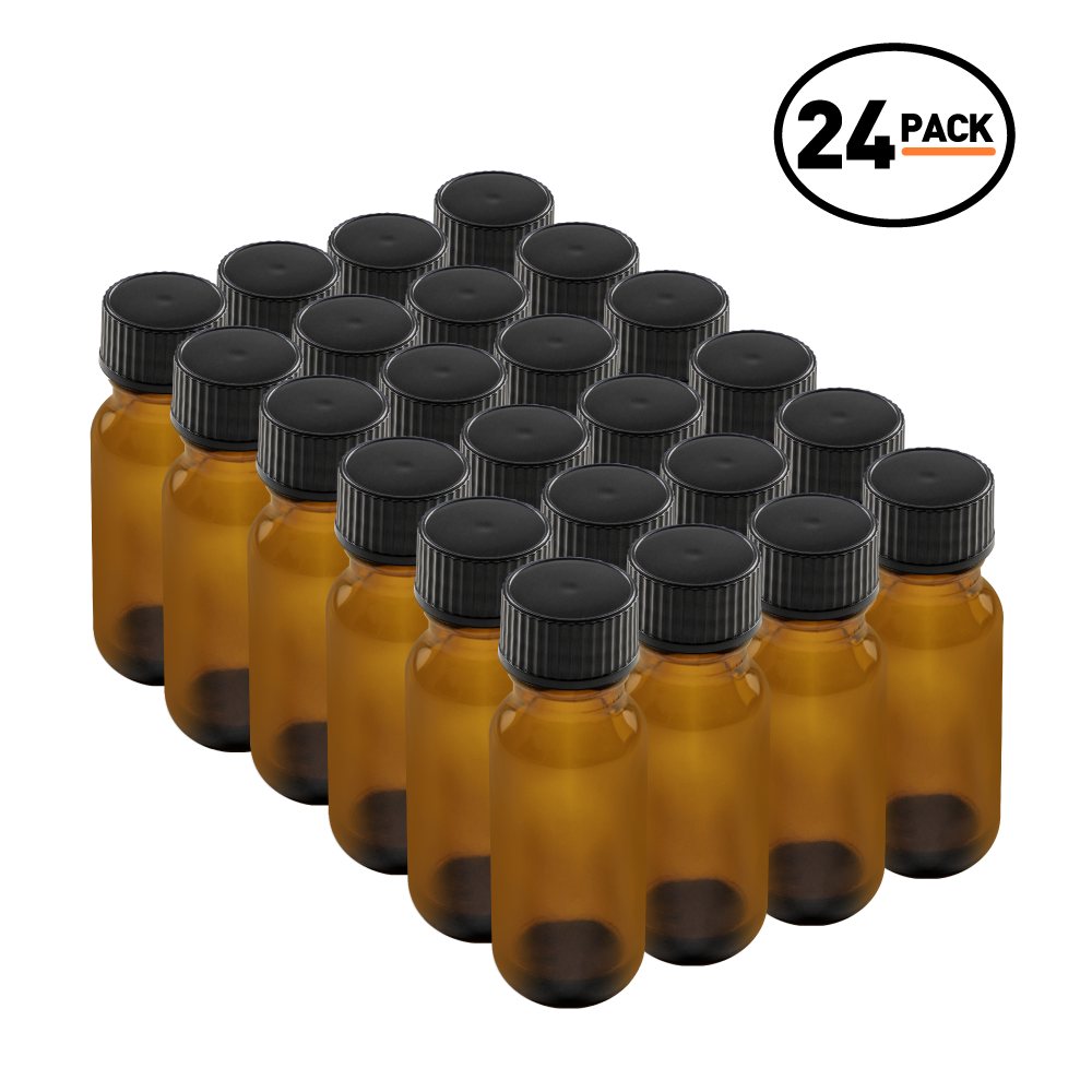 0.5 oz Amber Glass Boston Round Bottles With Black Lids (24 Pack)