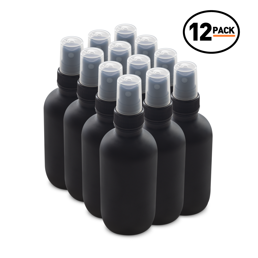 4 oz Black Frosted Glass Boston Round Bottles With Black Fine Mist Sprayers (12 Pack)