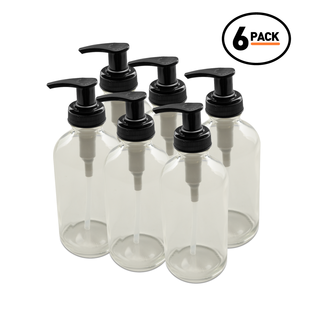 8 oz Clear Glass Boston Round Bottle With Black Lotion Pump (6 Pack)
