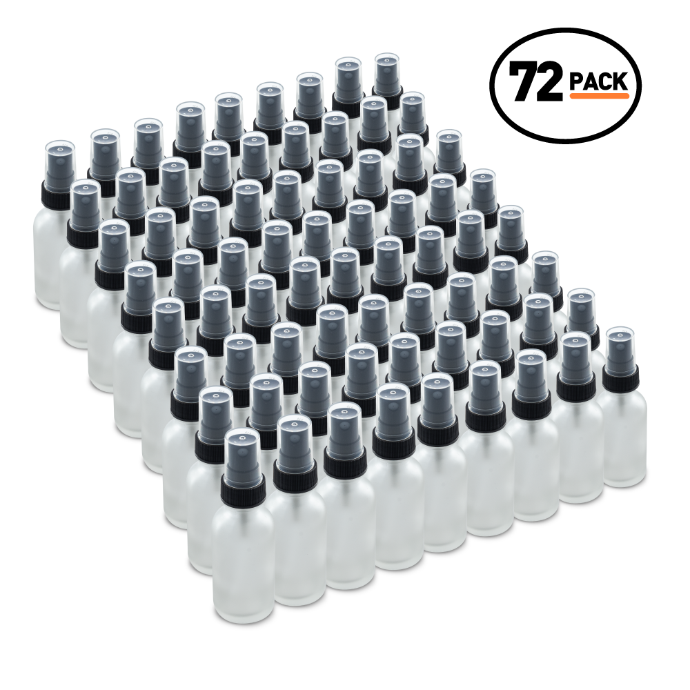 1 oz Clear Frosted Glass Boston Round Bottles With Black Fine Mist Sprayers (72 Pack)