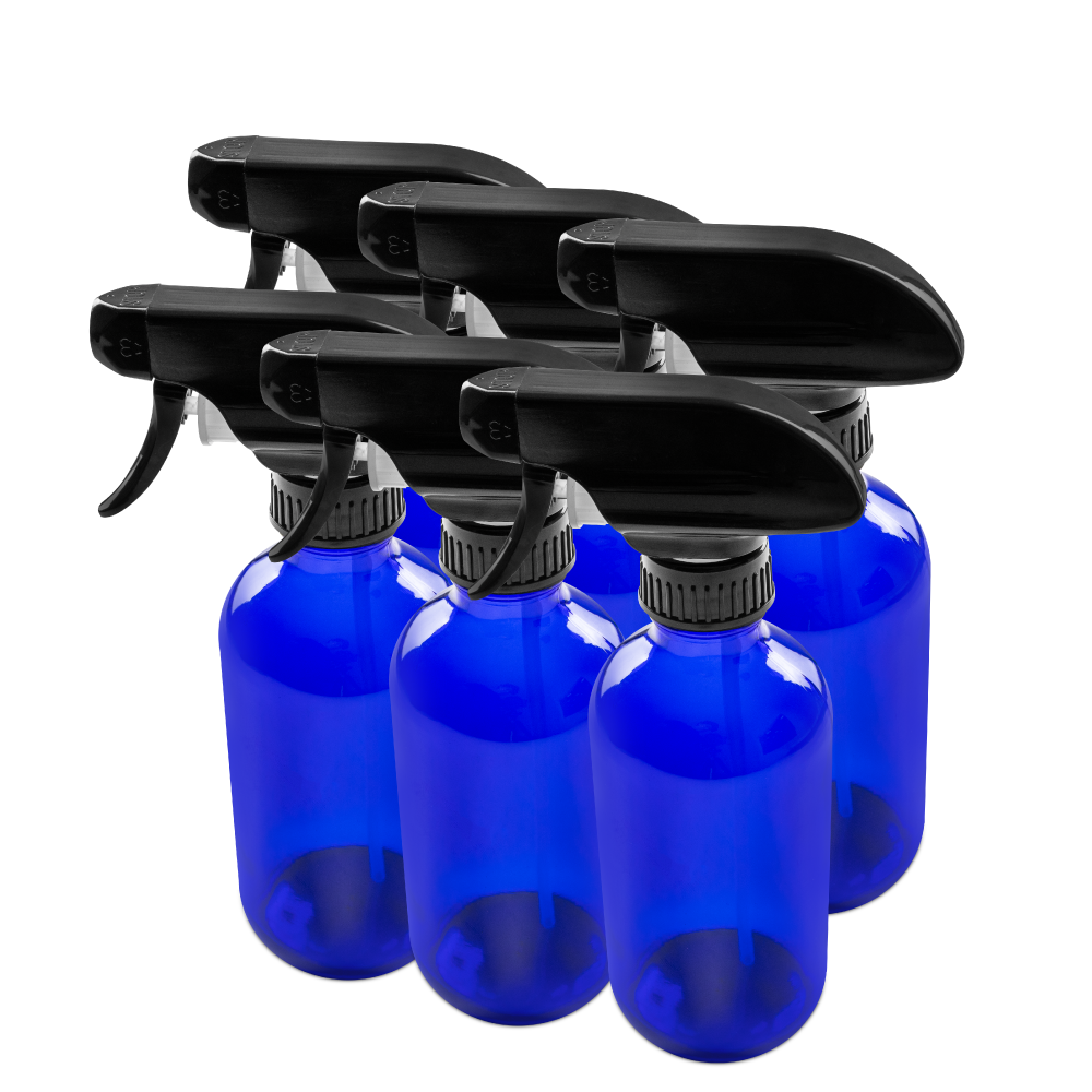 8 oz Blue Glass Boston Round Bottle With Black Trigger Sprayer