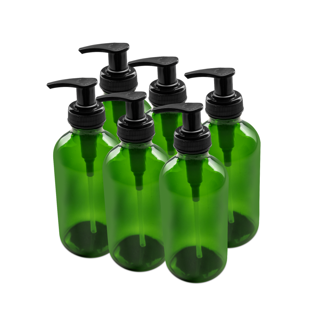 8 oz Green Glass Boston Round Bottle With Black Lotion Pump
