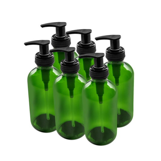 8 oz Green Glass Boston Round Bottle With Black Lotion Pump