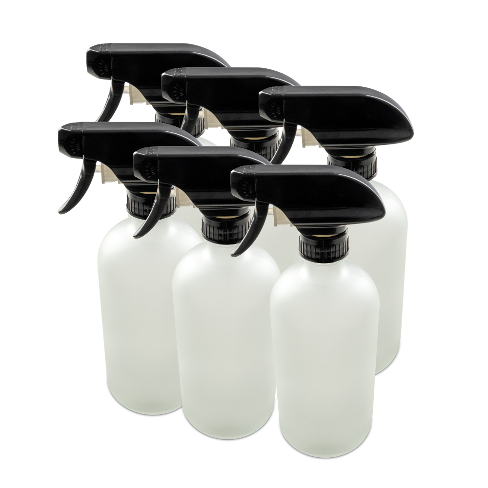 16 oz Clear Frosted Glass Boston Round Bottle With Black Trigger Sprayer