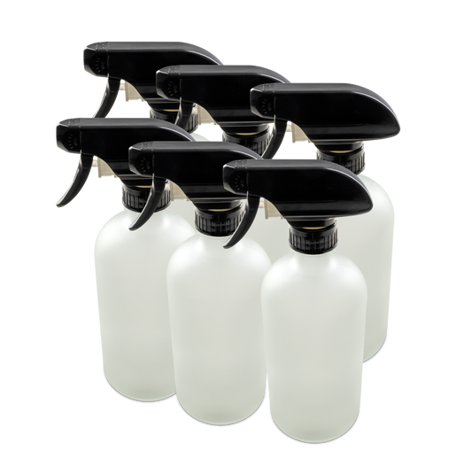 16 oz Clear Frosted Glass Boston Round Bottle With Black Trigger Sprayer