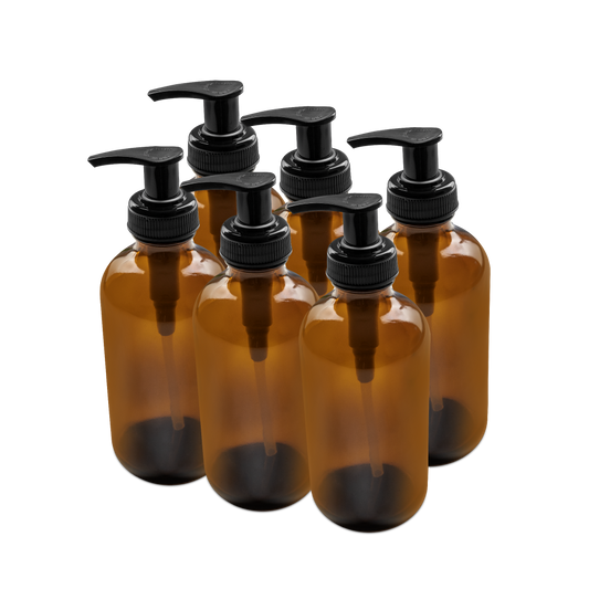 8 oz Amber Glass Boston Round Bottle With Black Lotion Pump