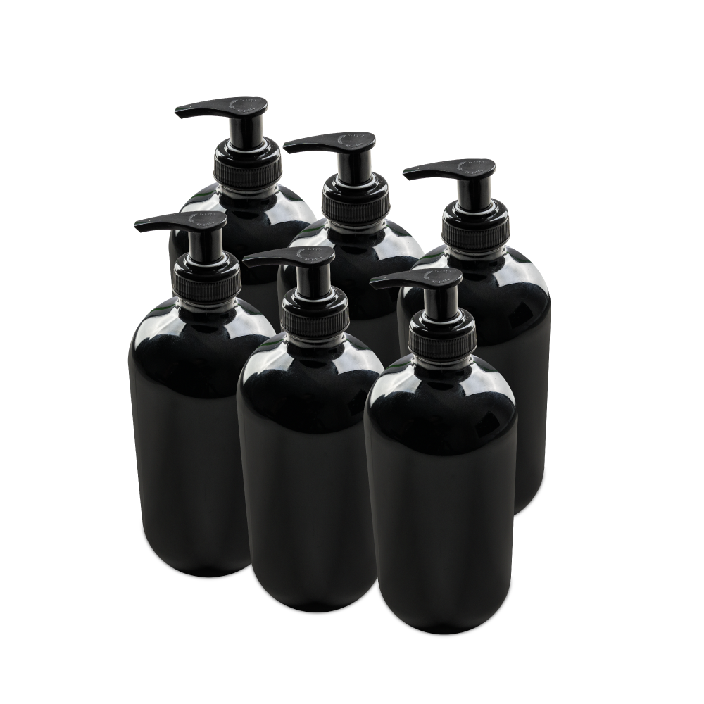 16 oz Black UV Glass Boston Round Bottle With Black Lotion Pump