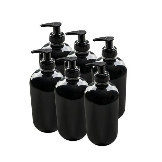 16 oz Black UV Glass Boston Round Bottle With Black Lotion Pump