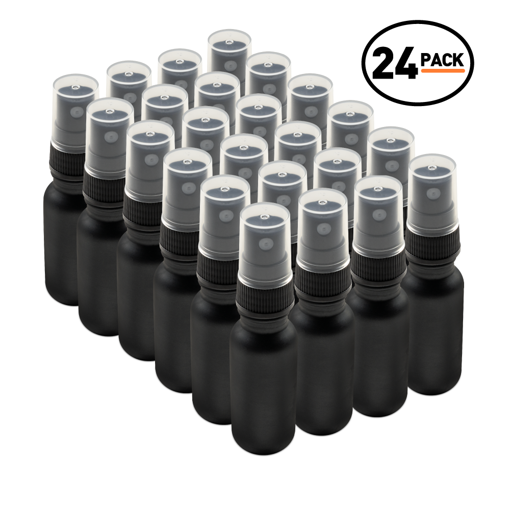 0.5 oz Black Frosted Glass Boston Round Bottles With Black Fine Mist Sprayers (24 Pack)