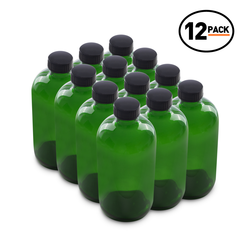 16 oz Green Glass Boston Round Bottles With Black Lids (12 Pack)