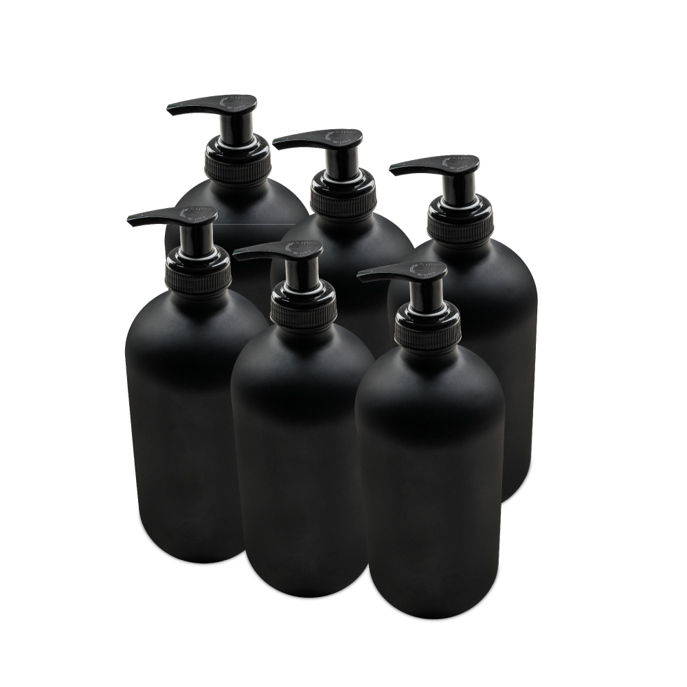 16 oz Black Frosted Glass Boston Round Bottle With Black Lotion Pump