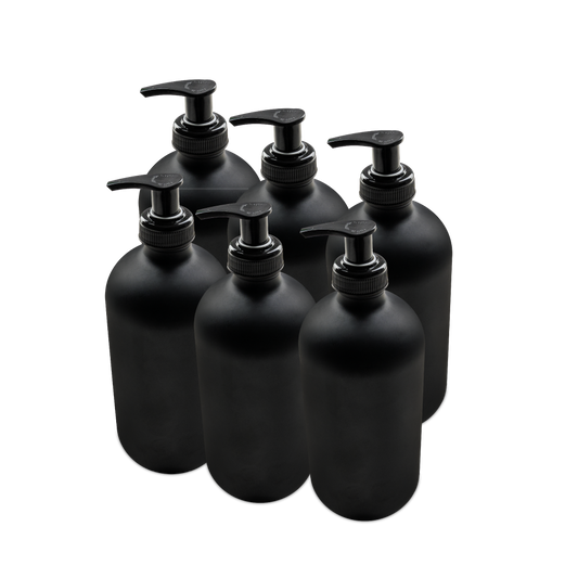 16 oz Black Frosted Glass Boston Round Bottle With Black Lotion Pump