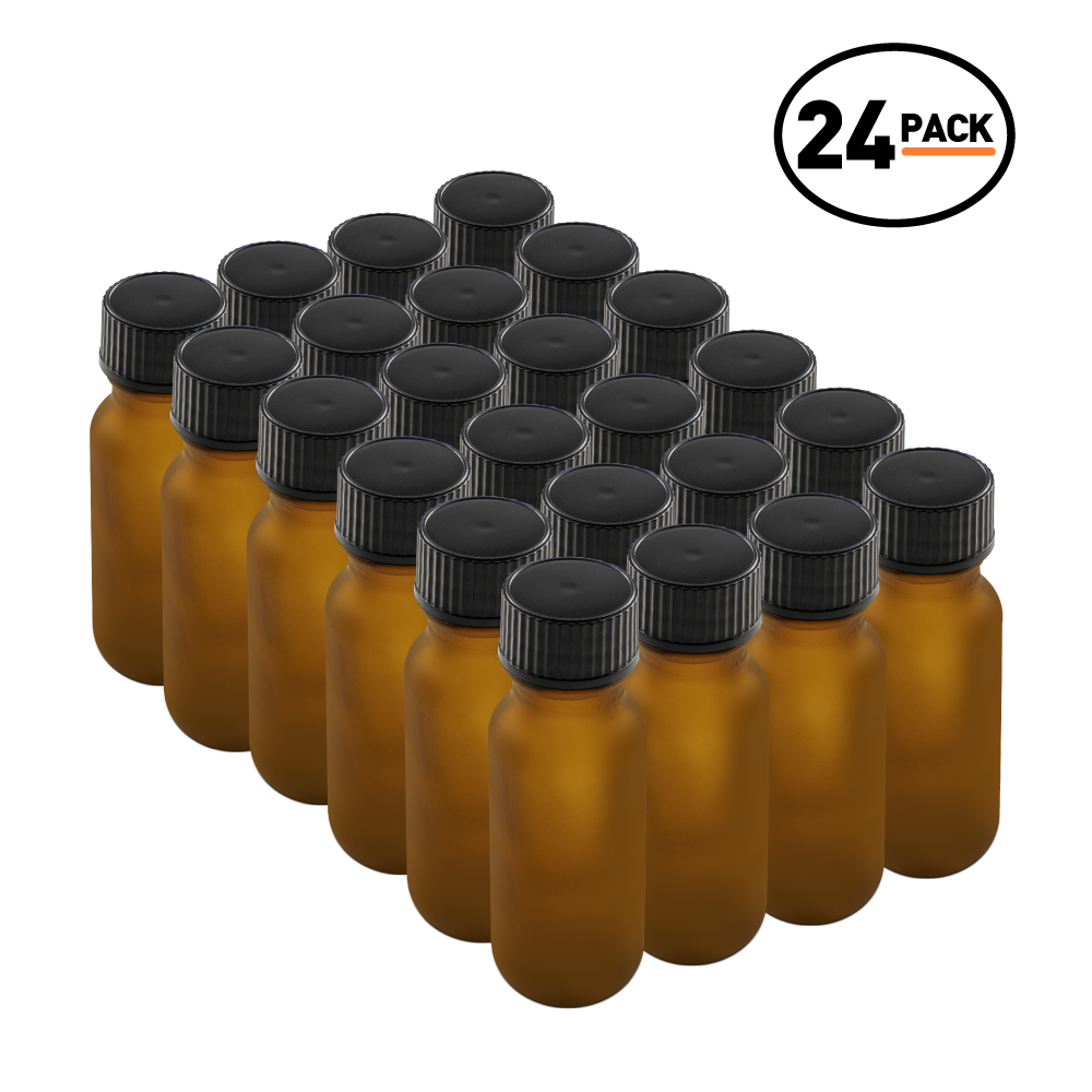 0.5 oz Amber Frosted Glass Boston Round Bottles With Black Lids (24 pack)