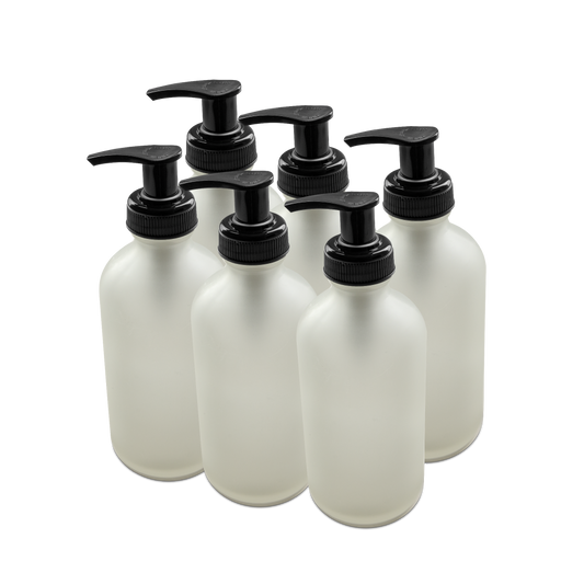 8 oz Clear Frosted Glass Boston Round Bottle With Black Lotion Pump