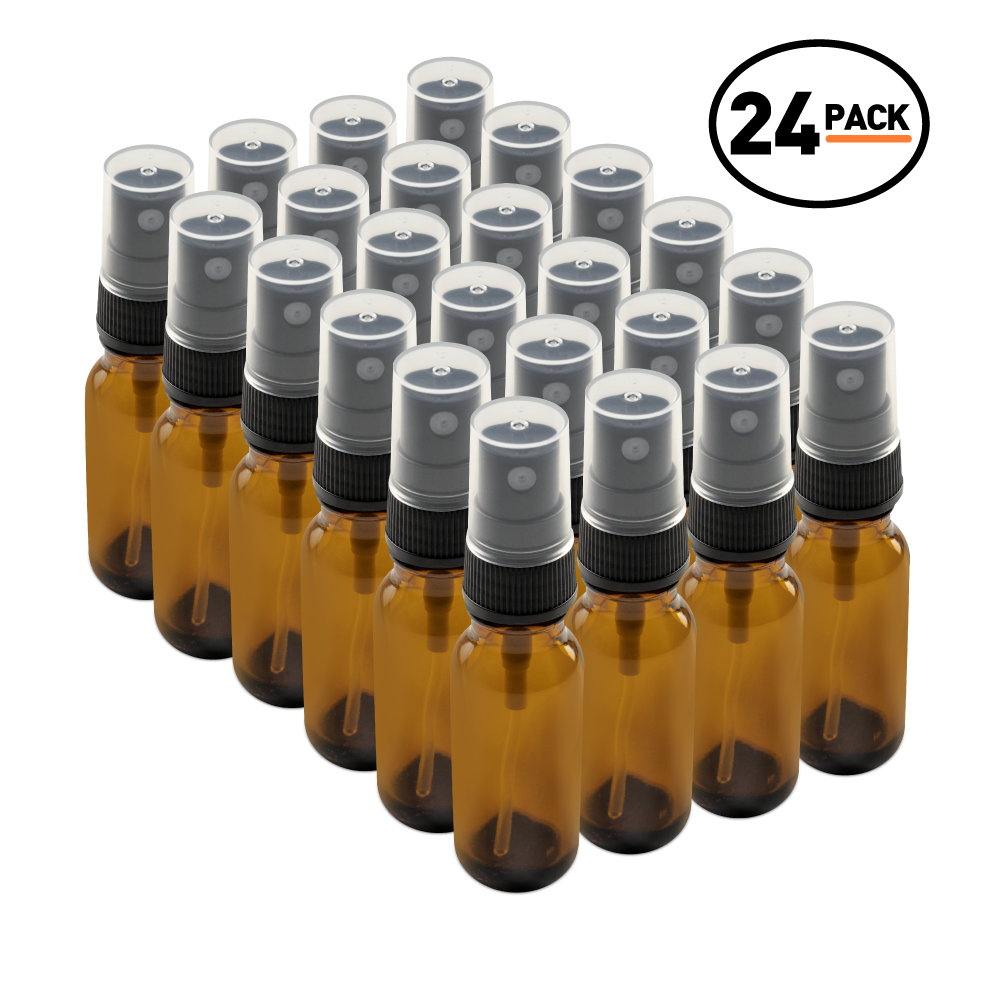 0.5 oz Amber Glass Boston Round Bottles With Black Fine Mist Sprayers (24 Pack)