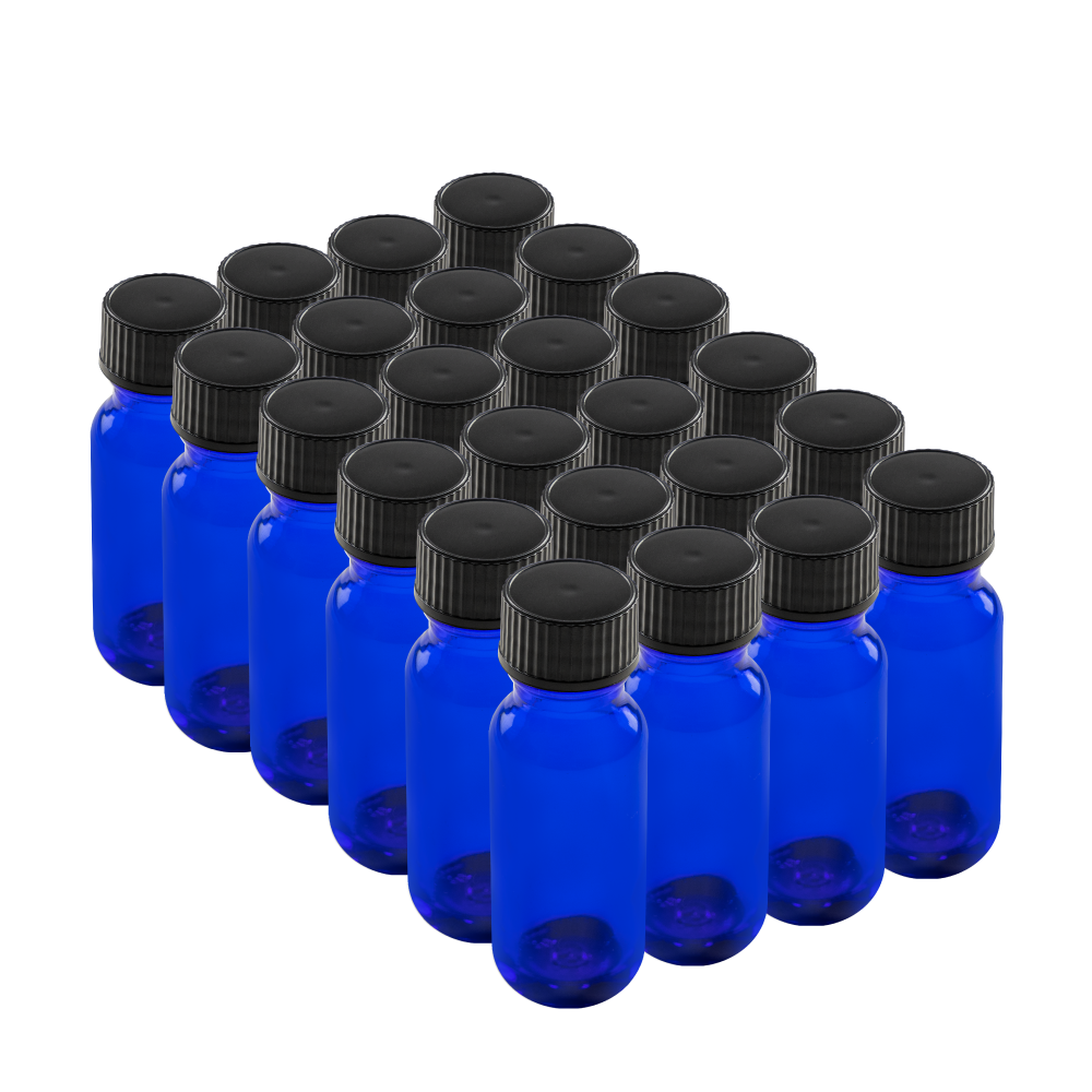 0.5 oz Blue Glass Boston Round Bottles With Black Lids