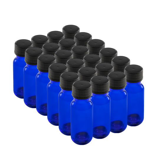 0.5 oz Blue Glass Boston Round Bottles With Black Lids