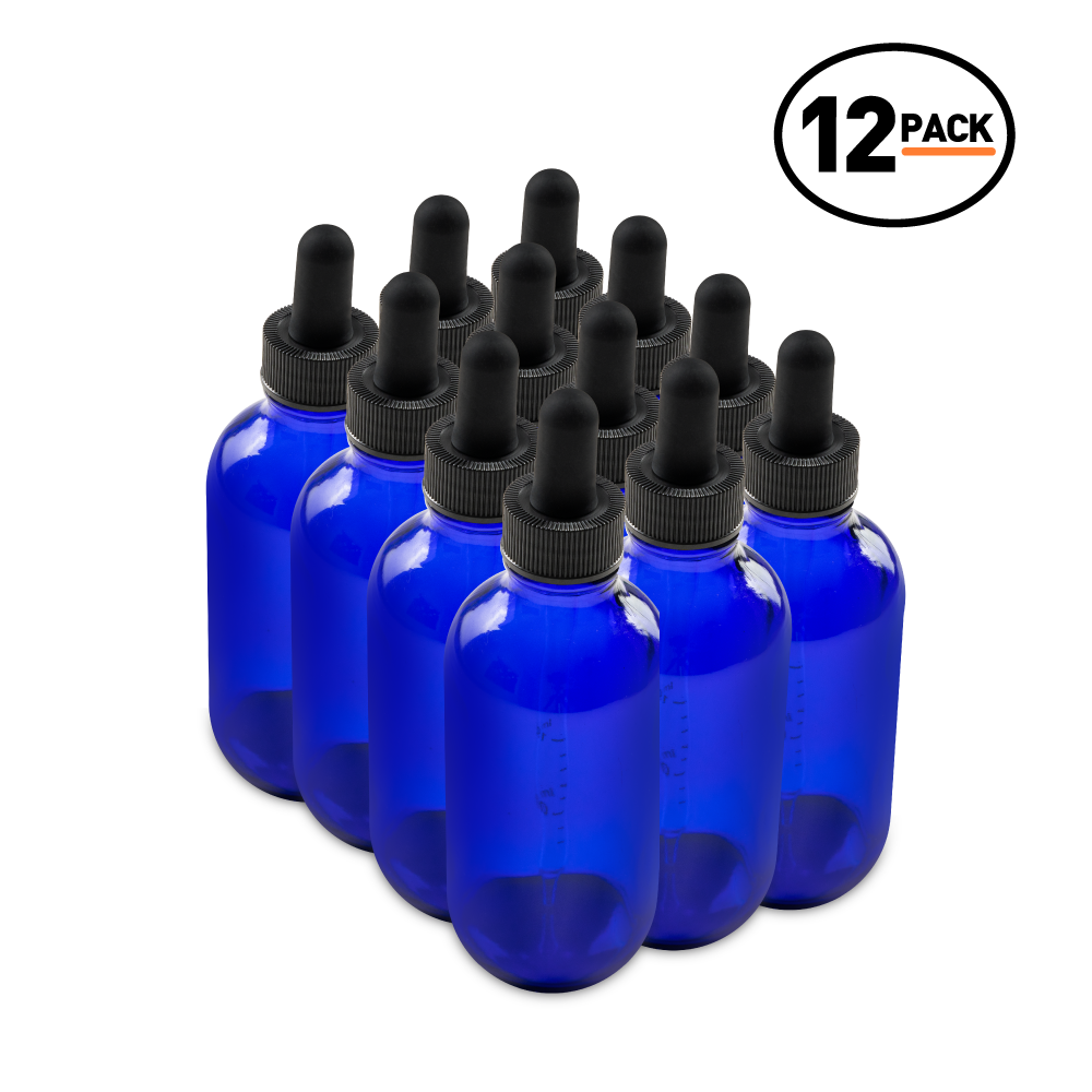 4 oz Blue Glass Boston Round Bottle With Black Dropper (12 Pack)