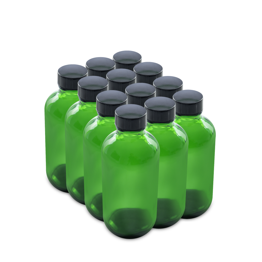 4 oz Green Glass Boston Round Bottles With Black Lids