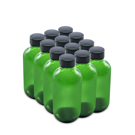 4 oz Green Glass Boston Round Bottles With Black Lids