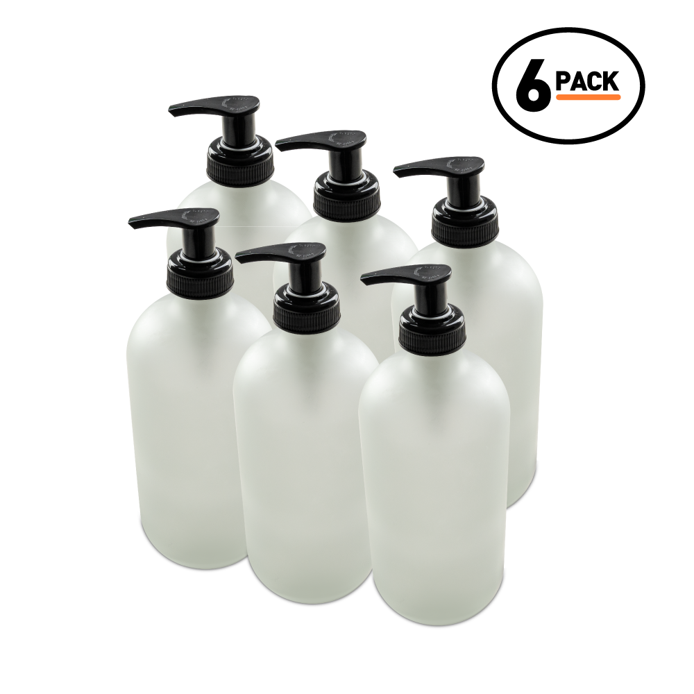 16 oz Clear Frosted Glass Boston Round Bottle With Black Lotion Pump (6 Pack)