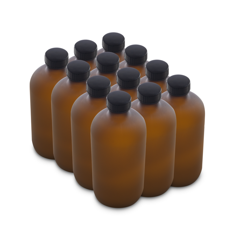16 oz Amber Frosted Glass Boston Round Bottles With Black Lids