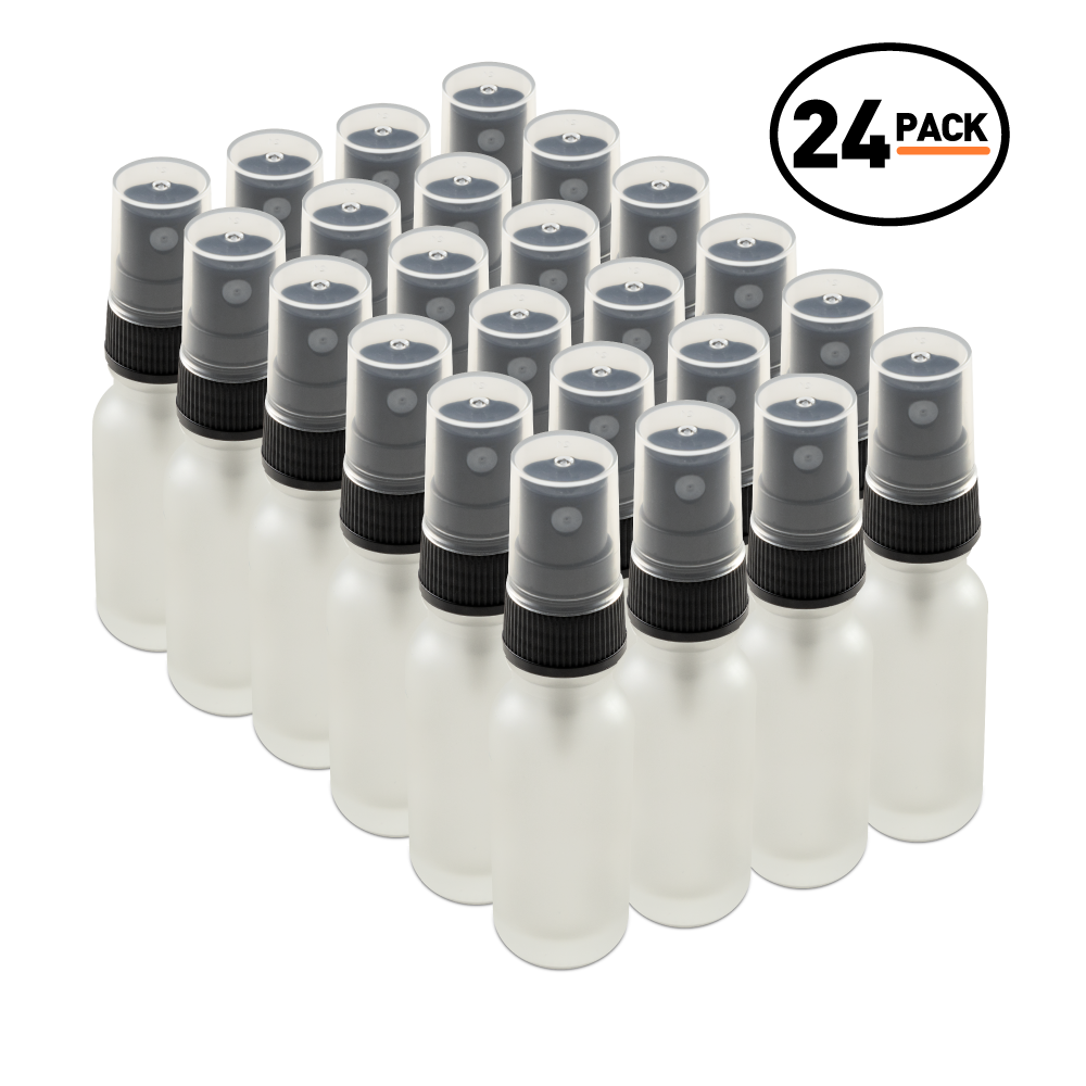 0.5 oz Clear Frosted Glass Boston Round Bottles With Black Fine Mist Sprayers (24 Pack)