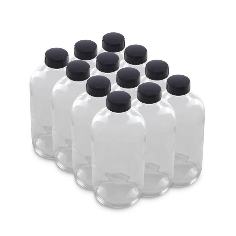 16 oz Clear Glass Boston Round Bottles With Black Lids