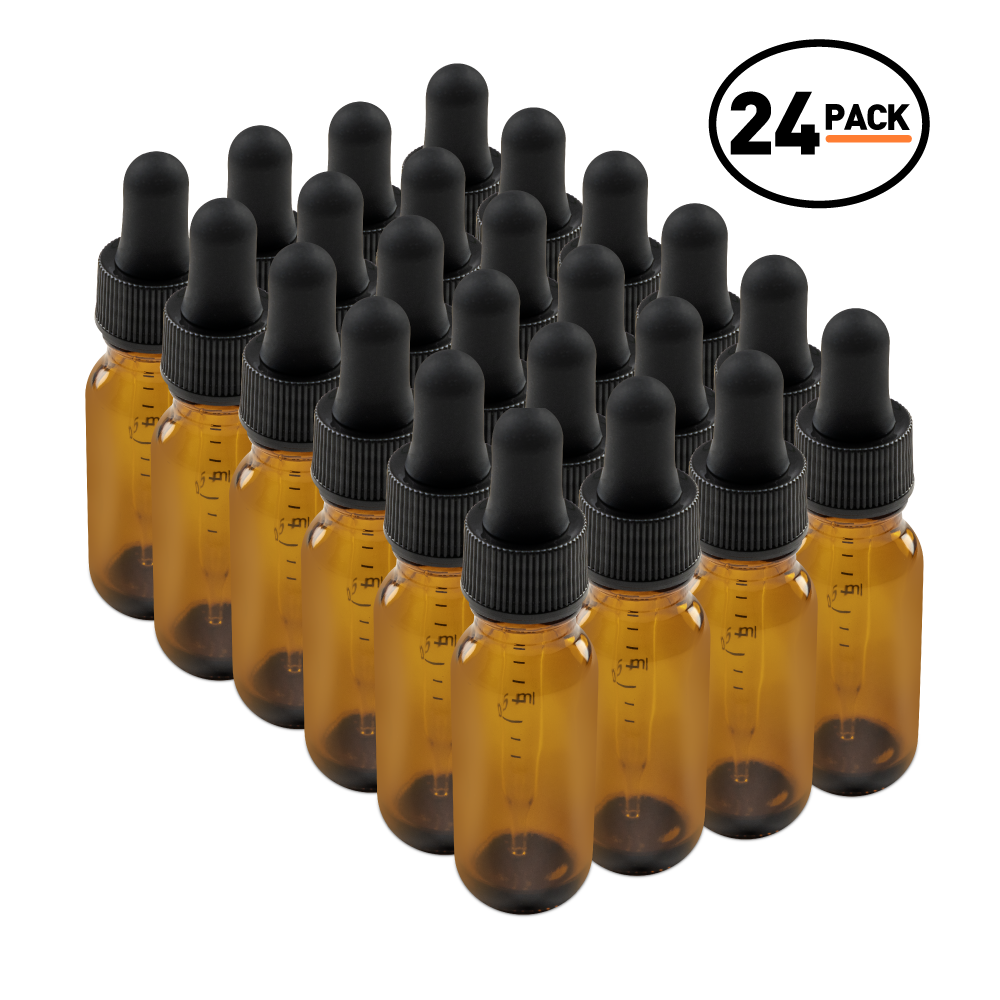 0.5 oz Amber Glass Boston Round Bottle With Black Dropper (24 Pack)