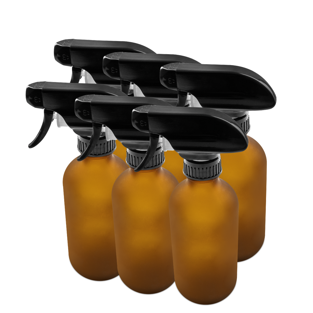8 oz Amber Frosted Glass Boston Round Bottle With Black Trigger Sprayer