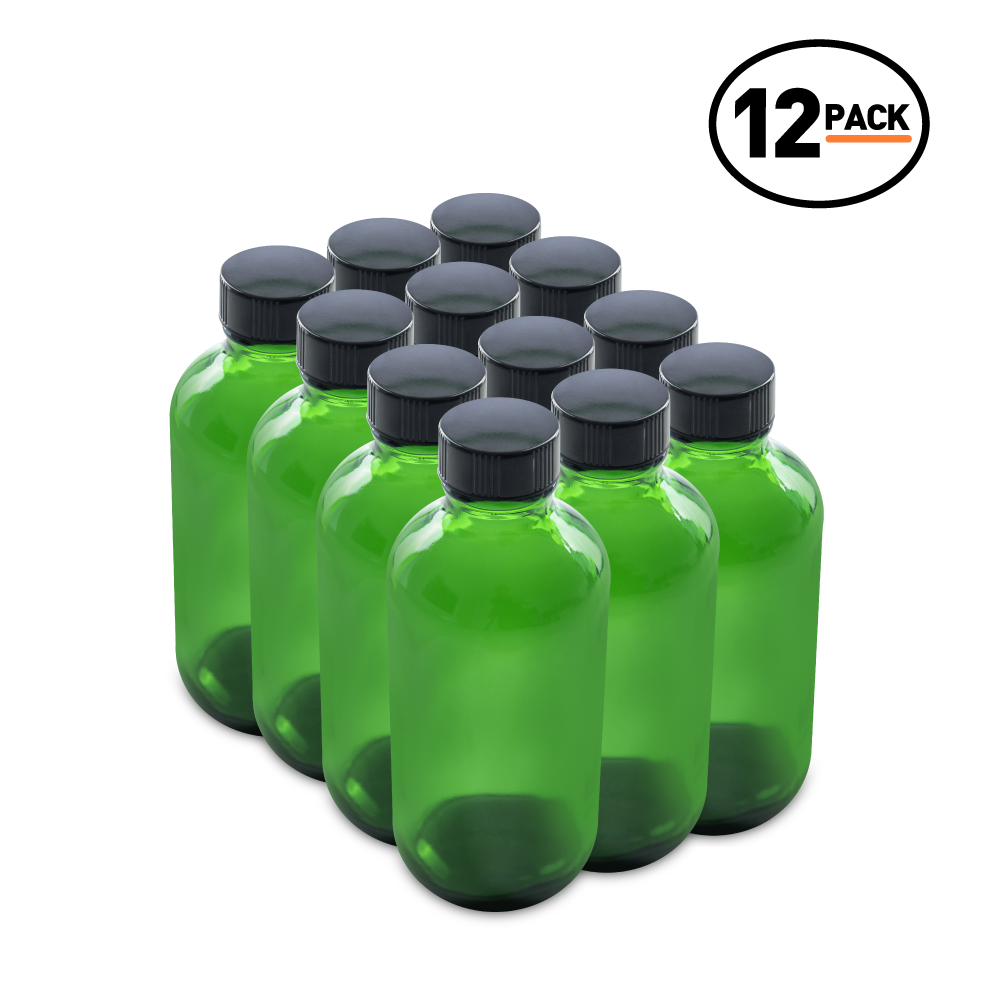 4 oz Green Glass Boston Round Bottles With Black Lids (12 Pack)