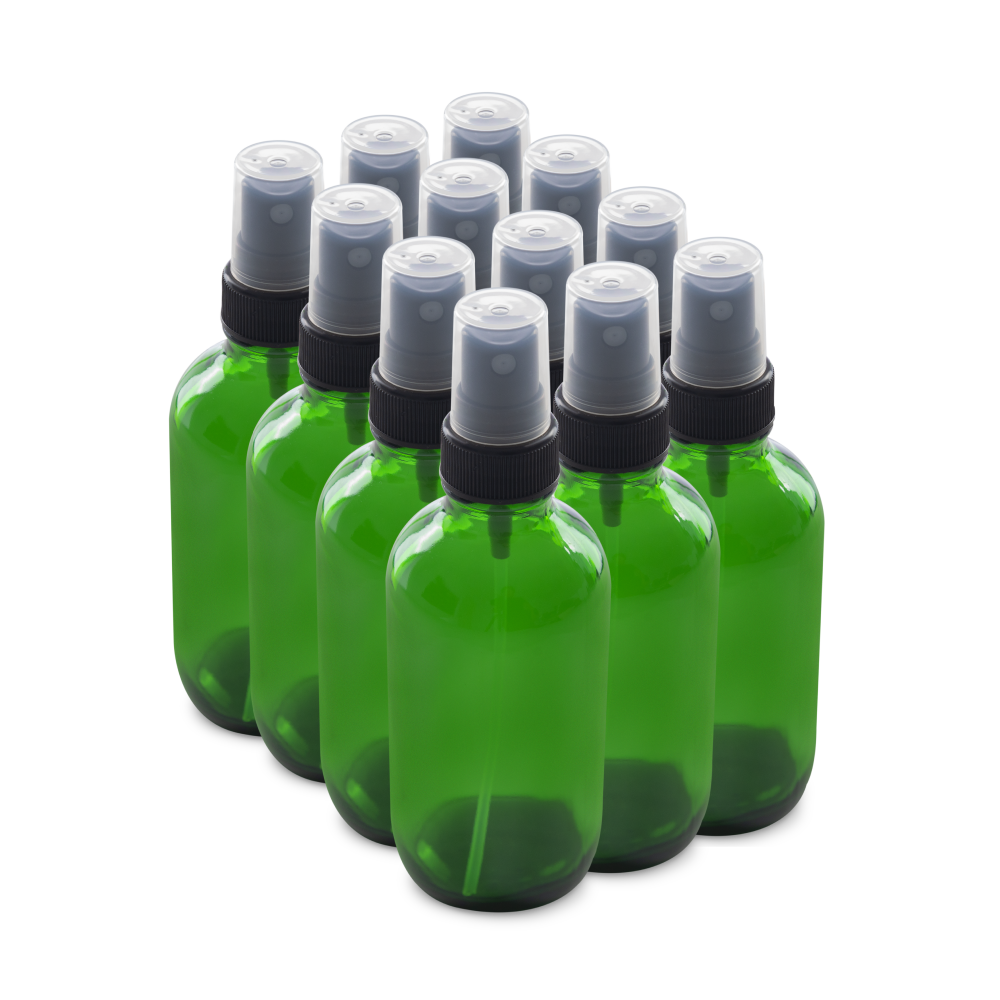 4 oz Green Glass Boston Round Bottles With Black Fine Mist Sprayers